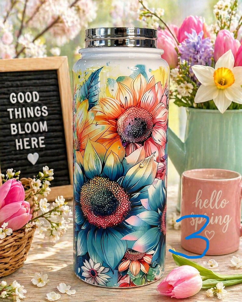 K&ouml;nnte beinhalten: Eine Edelstahl-Wasserflasche mit einem lebendigen Blumendesign mit Sonnenblumen in Orange-, Blau- und Gelbt&ouml;nen. Die Flasche hat einen silbernen Deckel und ist mit einem farbenfrohen, k&uuml;nstlerischen Muster verziert. Der Text "Good Things Bloom Here" ist auf einem kleinen Schild zu sehen.