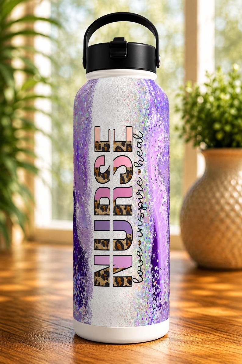 May include: A stainless steel water bottle with a black handle and lid. The bottle features a design with the word "NURSE" in pink and leopard print, with the words "love inspire heal" in cursive. The background has a purple and white glitter design.