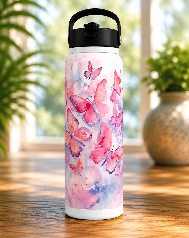 May include: A white water bottle with a watercolour design of pink and purple butterflies. The bottle has a black handle and lid. The background has a watercolour effect with pink, purple, and blue hues. The bottle is on a wooden surface.