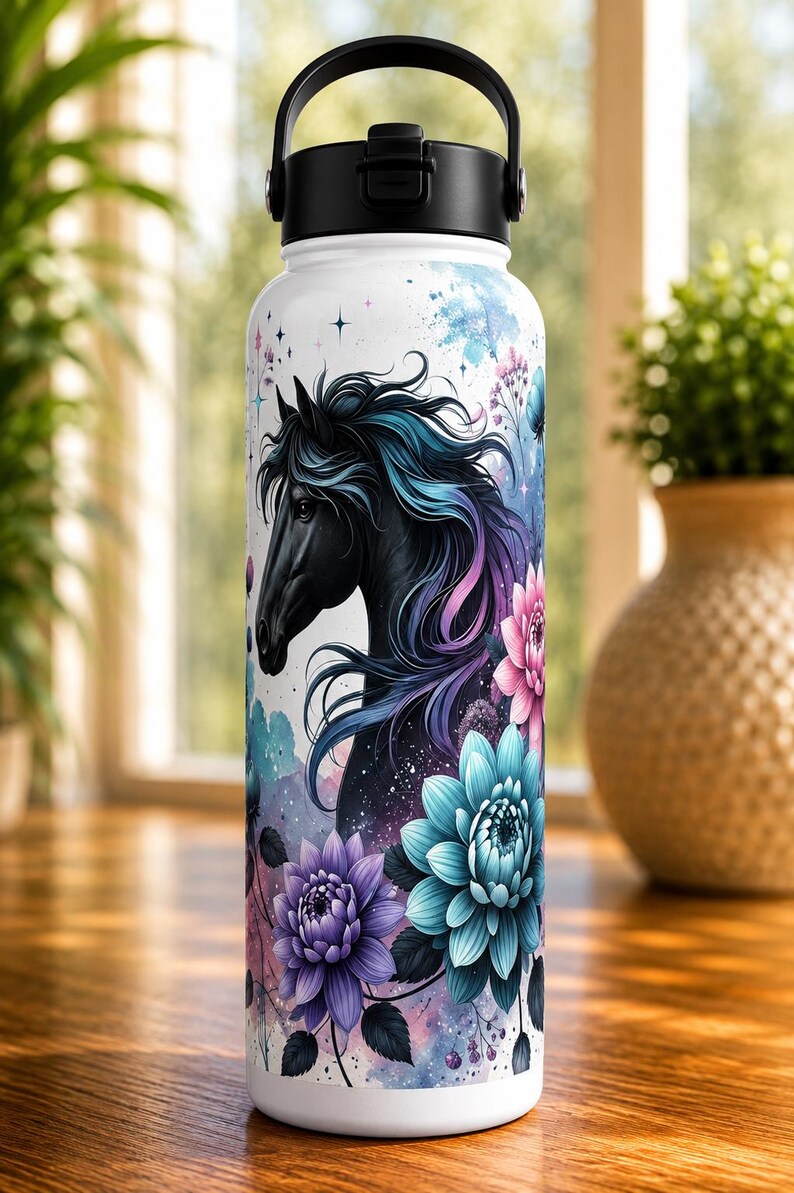 K&ouml;nnte beinhalten: Wei&szlig;e Wasserflasche mit einem schwarzen Pferdekopf mit flie&szlig;ender blauer und violetter M&auml;hne. Das Design umfasst Aquarellblumen in Rosa, Blau und Lila. Die Flasche hat einen schwarzen Deckel und Griff.