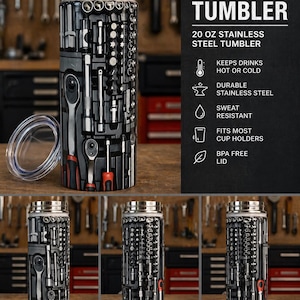 May include: A stainless steel tumbler with a black and gray tool design. The tumbler has a silver lid and a clear plastic lid. The text on the tumbler reads "TOOLS TUMBLER" and "20 OZ STAINLESS STEEL TUMBLER".