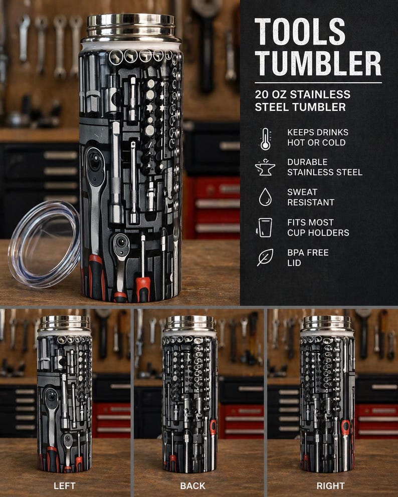 May include: A stainless steel tumbler with a black and gray tool design. The tumbler has a silver lid and a clear plastic lid. The text on the tumbler reads "TOOLS TUMBLER" and "20 OZ STAINLESS STEEL TUMBLER".