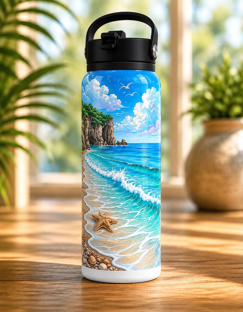 May include: A stainless steel water bottle featuring a vibrant beach scene. The design includes a blue sky with fluffy clouds, a sandy shore, turquoise waves, and a starfish. The bottle has a black handle and lid.