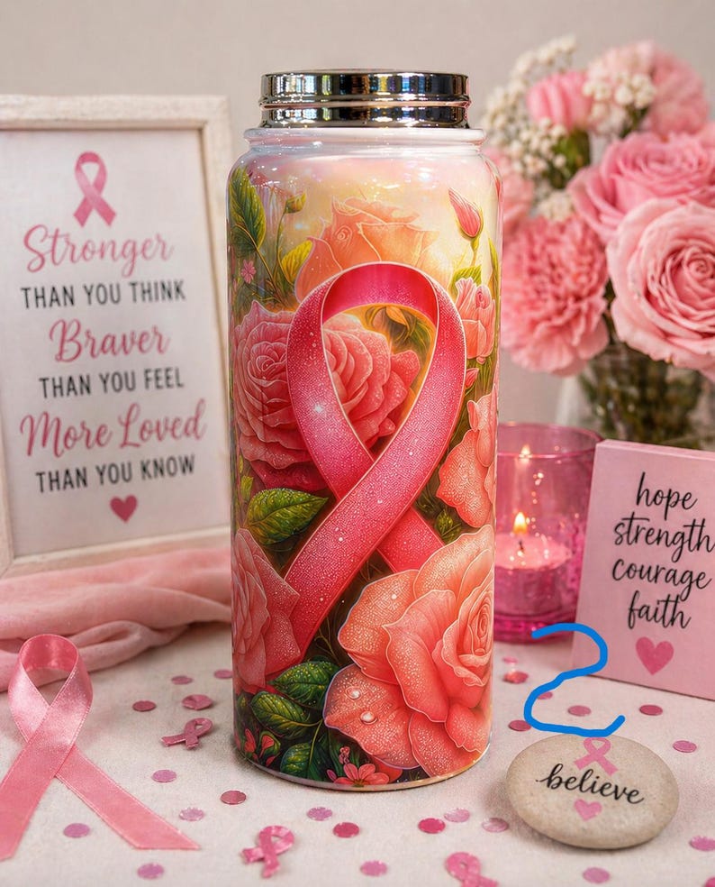May include: A stainless steel water bottle with a pink ribbon and rose design. The bottle has a silver lid and is surrounded by pink roses, a framed print with text, and a stone that says "believe".