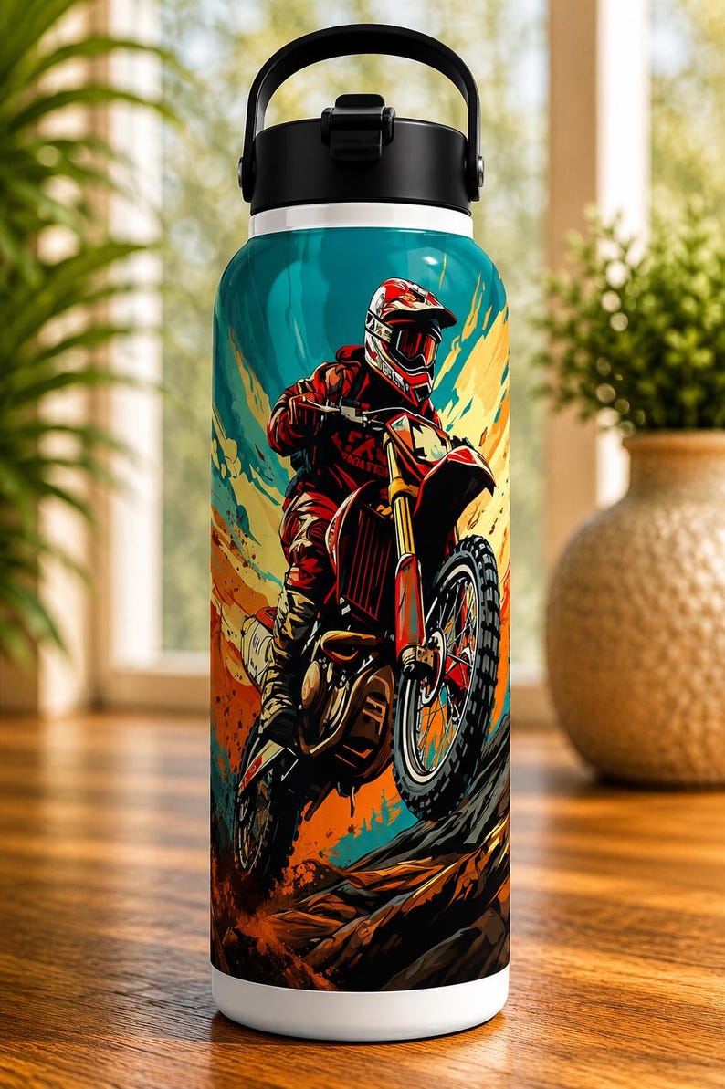 May include: White water bottle featuring a vibrant illustration of a motocross rider in red gear on a red and black dirt bike. The design includes a colorful background with orange, yellow, and blue hues, and a black lid.