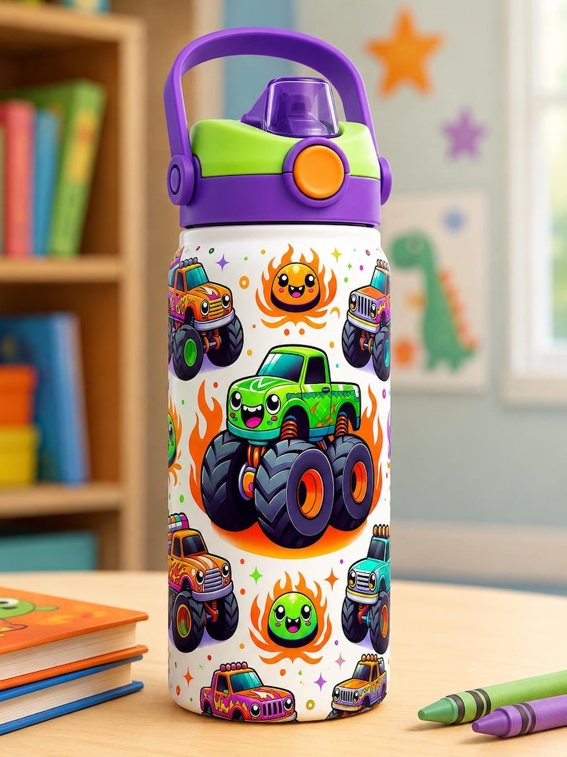 Może przedstawiać: Biała butelka na wodę z fioletowym uchwytem i pokrywką, z kolorowymi ilustracjami monster truck&oacute;w i grafiką uśmiechniętych płomieni. Butelka ma zielony i pomarańczowy akcent na pokrywce.