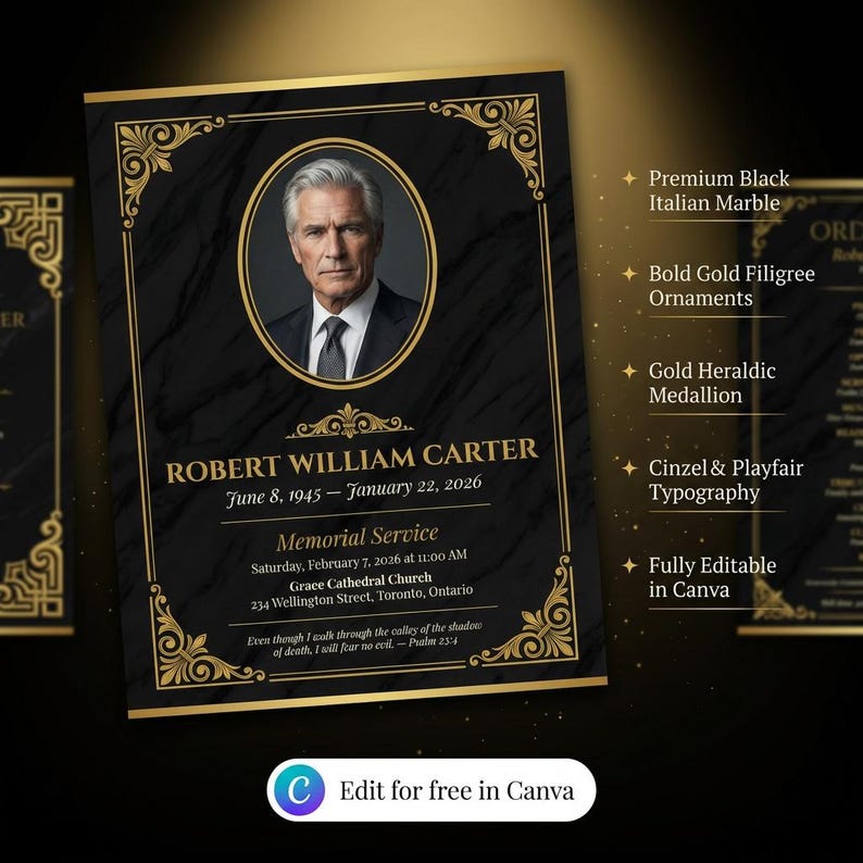 Funeral Program Template Canva | Black Gold Memorial Program | 4 Page ...