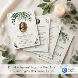 Beerdigung Programm Vorlage Canva | Grünes Eukalyptus | 4 Seiten Feier des Lebens | Bearbeitbares Gedenkstätte | Sofort Download