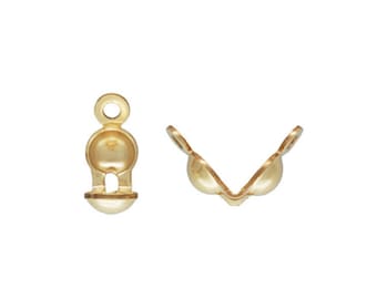 May include: Two gold-colored jewelry findings are displayed against a white background. One is a closed bead tip with a loop, and the other is an open bead tip. These findings are used in jewelry making to secure beads and create a finished look.