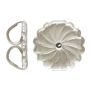 May include: A pair of silver earring backs. One back is a simple loop design, the other is a round, swirl design.