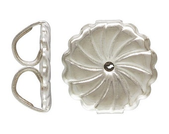 May include: A pair of silver earring backs. One back is a simple loop design, the other is a round, swirl design.