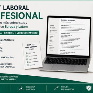 Puede incluir: Un portátil que muestra una plantilla de currículum, con documentos de apoyo y el texto "KIT LABORAL PROFESIONAL". La imagen también incluye el texto "CV ATS + CARTA + LINKEDIN + VERBOS DE IMPACTO" y "EDITABLE EN WORD".