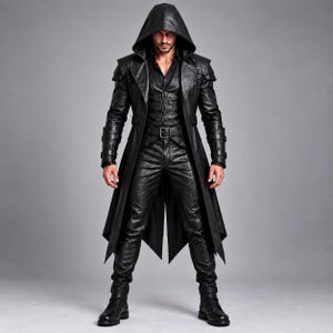 May include: A black leather ensemble consisting of a long hooded coat with structured shoulders, a button-up vest featuring multiple buckle straps, and matching fitted trousers. The outfit is completed with black leather boots, creating a cohesive look.