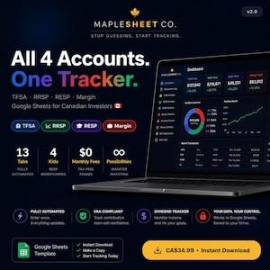 Puede incluir: Un portátil que muestra el panel de control MapleSheet Co. v2.0 para inversores canadienses. La pantalla presenta datos financieros para cuentas TFSA, RRSP, RESP y Margin, incluyendo un gráfico circular, un gráfico de crecimiento y registros.