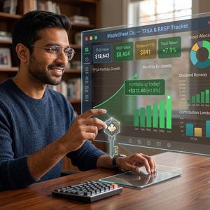 May include: A digital interface displaying a MapleSheet Co. TFSA & RRSP Tracker with financial charts, bar graphs, and a pie chart. A glowing holographic key icon with a maple leaf sits in the foreground, while a calculator rests on the desk.