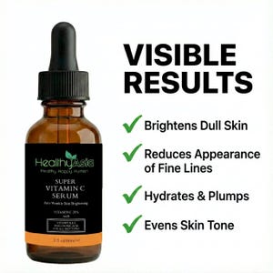 Puede incluir: Botella de vidrio marr&oacute;n de Super Suero de Vitamina C con etiqueta negra y cuentagotas. La etiqueta dice "Healthy Asia" y enumera beneficios como aclarar la piel apagada e hidratar. Contiene 60 ml.