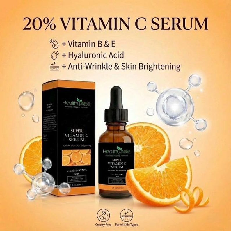 Puede incluir: Anuncio de s&eacute;rum Super Vitamina C, con una botella marr&oacute;n y una caja negra. La imagen incluye rodajas de naranja y texto que destaca el 20% de Vitamina C, Vitamina B & E, &Aacute;cido Hialur&oacute;nico y propiedades antiarrugas. El producto es libre de crueldad.