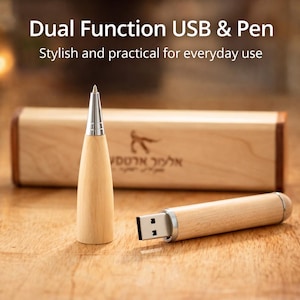 May include: A wooden pen and USB drive set. The pen has a conical wooden body with a silver tip. The USB drive is cylindrical, also made of wood, with a silver metal end. The set includes a wooden box with text that reads "Dual Function USB & Pen".