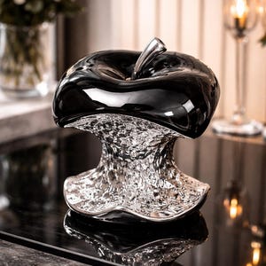 May include: A decorative apple sculpture with a glossy black top and a textured silver base. The sculpture has a stem and is displayed on a reflective surface, suggesting a modern home decor item.