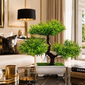 Peut inclure: Un bonsaï décoratif avec un feuillage vert vif et un tronc brun foncé est placé dans un pot rectangulaire blanc. La plante artificielle est posée sur une table en marbre noir, avec des livres et un plateau doré.