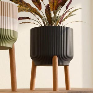 Peut inclure: Un cache-pot cylindrique noir à texture nervurée verticale, soutenu par trois pieds en bois clair. Une plante aux longues feuilles pointues et panachées dans des tons de vert et de brun rougeâtre pousse au sommet du cache-pot.