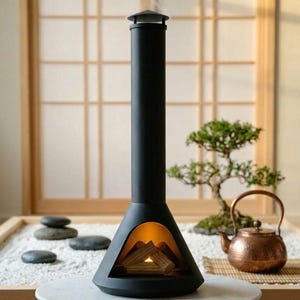 Puede incluir: Un quemador de incienso de metal negro mate con forma de chimenea, que presenta una alta chimenea cilíndrica y una base cónica ancha. La base tiene una abertura arqueada con una pequeña vela encendida y leños, con humo saliendo arriba.