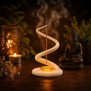 May include: A white, spiral-shaped incense holder with a circular base and a small, amber-coloured dish in the centre. A thin, brown incense stick stands vertically in the middle of the spiral, emitting a visible trail of smoke into the air.
