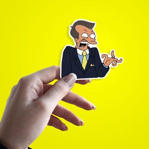 Puede incluir: Una pegatina con un personaje de dibujos animados con un traje azul oscuro y una corbata amarilla, con una expresión de sorpresa. La pegatina se sostiene sobre un fondo amarillo brillante.