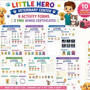 Könnte beinhalten: Ein druckbares Little Hero Veterinary Center Aktivitätsset mit acht Formularen und zwei Bonus-Zertifikaten. Die Sammlung enthält Aufnahmeformulare, Gesundheitscheck-Bögen, Röntgenuntersuchungen, Behandlungspläne, Impfausweise und Zeugnisse.