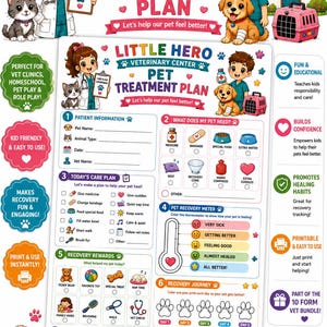 Könnte beinhalten: Ein ausdruckbares Behandlungsplan-Formular für Haustiere vom Little Hero Veterinary Center mit Abschnitten für Patienteninformationen, Pflegepläne, Genesungsanzeigen und Belohnungsabzeichen sowie Illustrationen von Tierärzten, Katzen und Hunden.