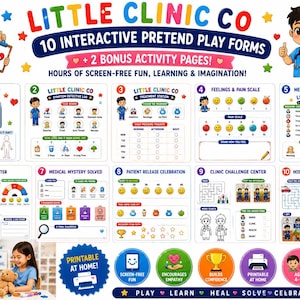 May include: A set of 10 interactive pretend play clinic forms titled Little Clinic Co, featuring colorful illustrations of medical scenarios, patient check-up sheets, symptom trackers, pain scales, and activity pages for children to engage in role-play.