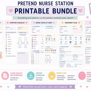 May include: Printable pretend nurse station bundle with 5 forms, including patient intake, symptom checklist, and treatment plan. Features a stethoscope, teddy bear, and text: "Printable Bundle". Ready to print at home.