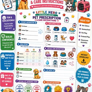 Könnte beinhalten: Ein druckbares Rezept- und Pflegeanleitungsformular für Haustiere mit bunten Illustrationen eines Tierarztes, eines Welpen und eines Kätzchens. Das Dokument enthält Abschnitte für Patienteninformationen, verordnete Pflege und Belohnungsstempel.