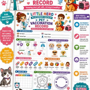 Könnte beinhalten: Ein ausdruckbares Impfpass-Formular für Haustiere mit dem Titel Little Hero Veterinary Center. Das Dokument enthält Cartoon-Illustrationen von Kindern als Tierärzte, einem Welpen mit Umhang und einer Katze. Es umfasst Abschnitte für Tierdaten, Impfarten, Mut-Bewertungen, Verbandsauswahl, Belohnungen und ein Feld für einen offiziellen Stempel.