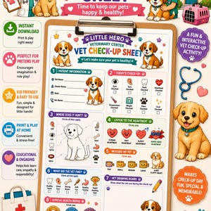 Könnte beinhalten: Ein Little Hero Veterinary Center Tierarzt-Untersuchungsbogen auf einem Klemmbrett mit Abschnitten für Patientendaten, Gesundheitschecks, Herzschlag, Haustiermessungen und ein Zeichenfeld, verziert mit Cartoon-Welpen und medizinischen Symbolen.