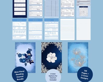 Blue Floral Reading Journal Bundle | Printable Digital Interior PDF | Book Log Tracker | GoodNotes | Notability