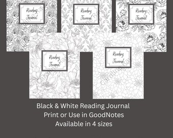 Black and White Floral Reading Journal Bundle | Printable Coloring Book Tracker | GoodNotes | Notability