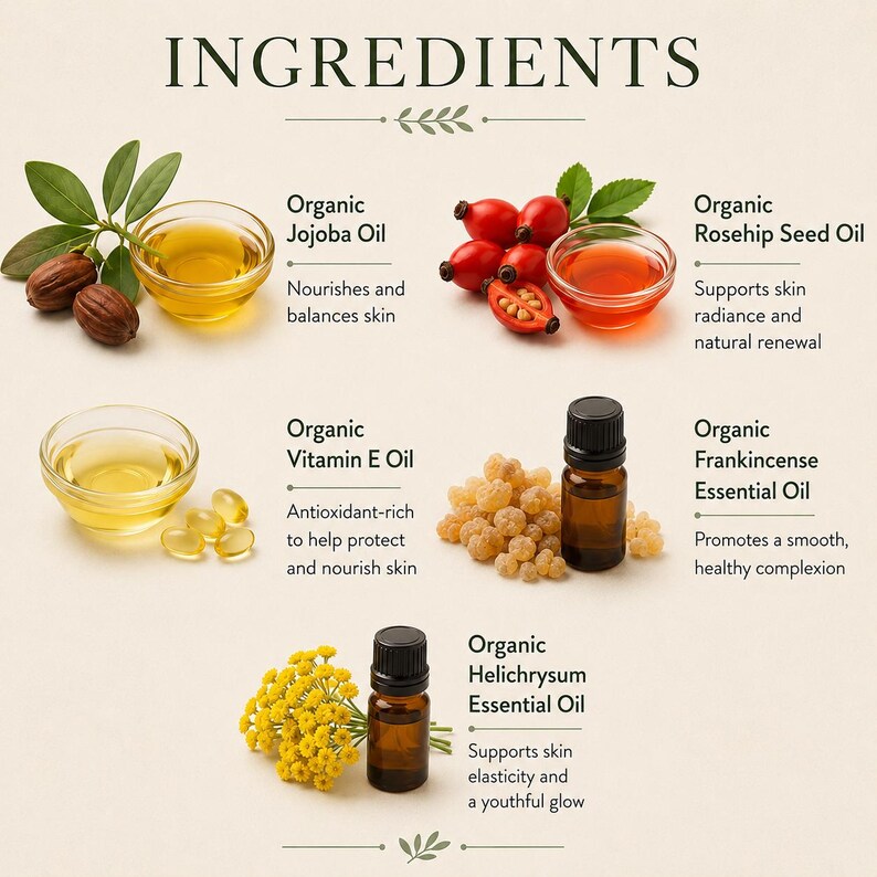 Może przedstawiać: Obraz przedstawiający składniki do pielęgnacji sk&oacute;ry. Zawiera organiczny olej jojoba, olej z nasion dzikiej r&oacute;ży, witaminę E, olejek eteryczny z kadzidła i olejek eteryczny z kocanki. Każdy składnik jest wyświetlany z nazwą i korzyściami, takimi jak odżywianie i r&oacute;wnoważenie sk&oacute;ry.