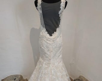 Boho Chic Wedding Dress | Sweetheart Neckline | Rhinestone, Pearl, and Bead Appliques | Open V-Back with Pearl Necklaces