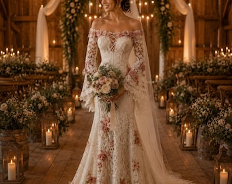 Abito da sposa vintage boho chic | Interamente lavorato all'uncinetto con applicazioni floreali nei toni del rosa antico | Maniche lunghe a campana