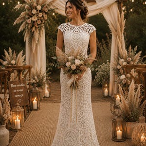 Vestido de Noiva Boho Chic | Todo trabalhado em Ponto Crochet | Padrão Mandalas e Flores | Costas abertas em U