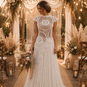 Vestido de Noiva Boho Chic | Mandalas em Ponto Crochet | Pequena Gola Alta | Saia em Tule e Camada Interior em Crochet Floral