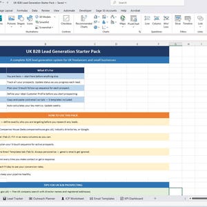 以下が含まれることがあります： 「UK B2Bリードジェネレーションスターターパック」というタイトルのMicrosoft Excelスプレッドシートのスクリーンショット。スプレッドシートには、指示、リードトラッカー、アウトリーチプランナー、メールテンプレートが含まれています。フリーランスや中小企業向けです。