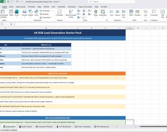 Planilha de Geração de Leads B2B no Reino Unido | Modelo de Excel para Acompanhamento de Vendas | Planejador de Prospecção + Modelos de E-mail