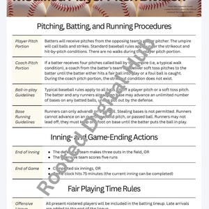 May include: A reference sheet for Little League's Modified Player Pitch Division. The document outlines pitching, batting, and running procedures, including rules for player pitch and coach pitch portions. It also covers ball-in-play guidelines, base running, and game-ending actions.