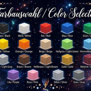 May include: A colour selection chart with the text "Farbauswahl / Color Selection" against a cosmic background. The chart displays 18 colour options, each represented by a small, labelled cube. Colours include black, white, red, blue, green, yellow, orange, beige, and more.