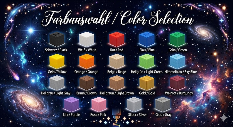 May include: A colour selection chart with the text "Farbauswahl / Color Selection" against a cosmic background. The chart displays 18 colour options, each represented by a small, labelled cube. Colours include black, white, red, blue, green, yellow, orange, beige, and more.