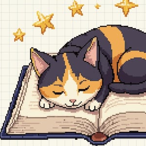 May include: A pixel art illustration featuring a wine glass filled with a starry liquid, a stack of books, and a crescent moon. Below, a calico cat sleeps peacefully on an open book, surrounded by golden stars. The image has a whimsical, dreamy theme.