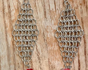 Handmade Silver Chainmail Earrings with Bead