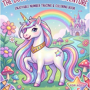 May include: A coloring book titled THE DOTS AND COLORS ADVENTURE ENJOYABLE NUMBER TRACING & COLORING BOOK. The cover features a white unicorn with a rainbow mane, a gold collar, and a star mark, set against a landscape with a castle and rainbow.
